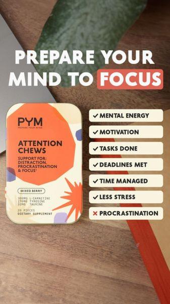 A vertical-format ad creative featuring a product tin on a desk, paired with a high-contrast checklist of core mental performance benefits.